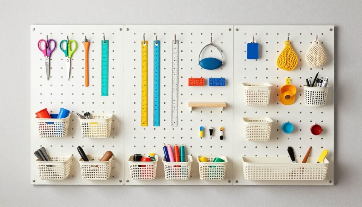 large pegboard wall with organized craft tools and supplies