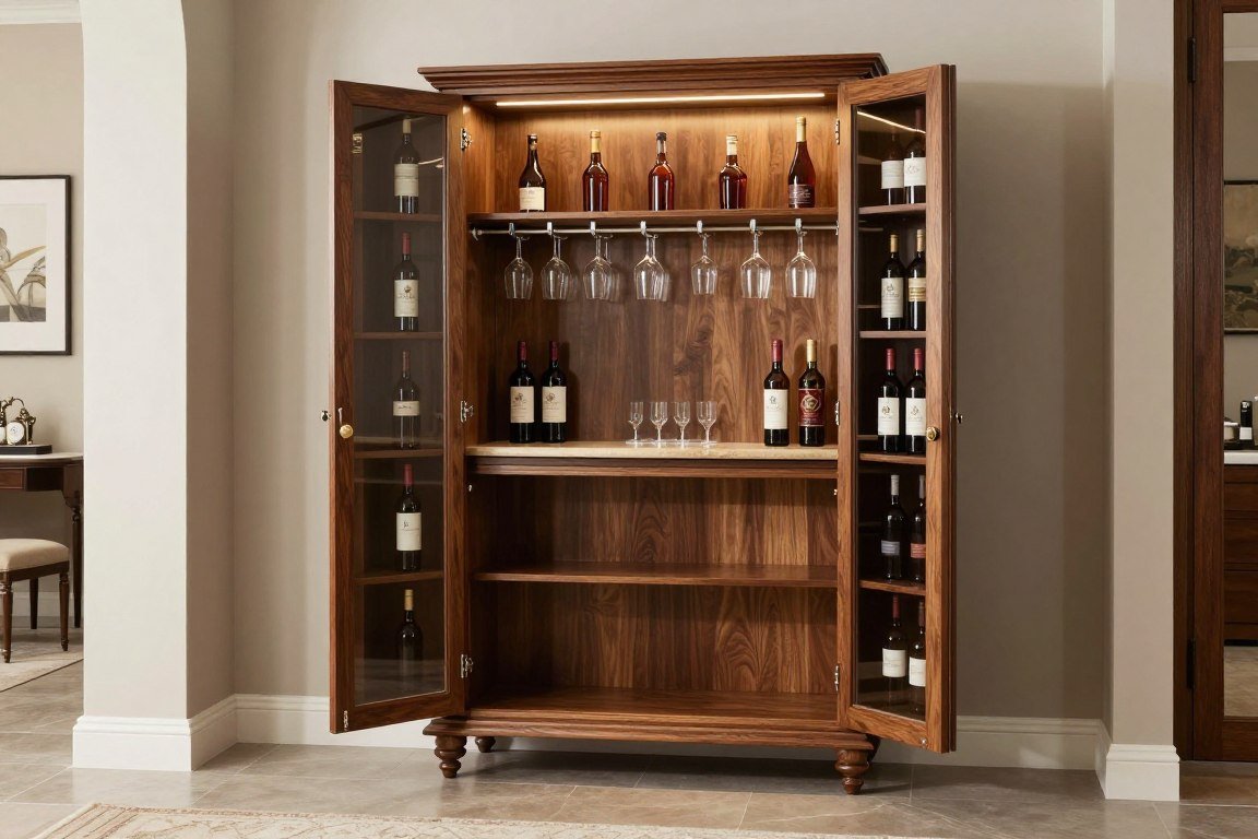 large wooden armoire with doors open revealing organized bar setup inside