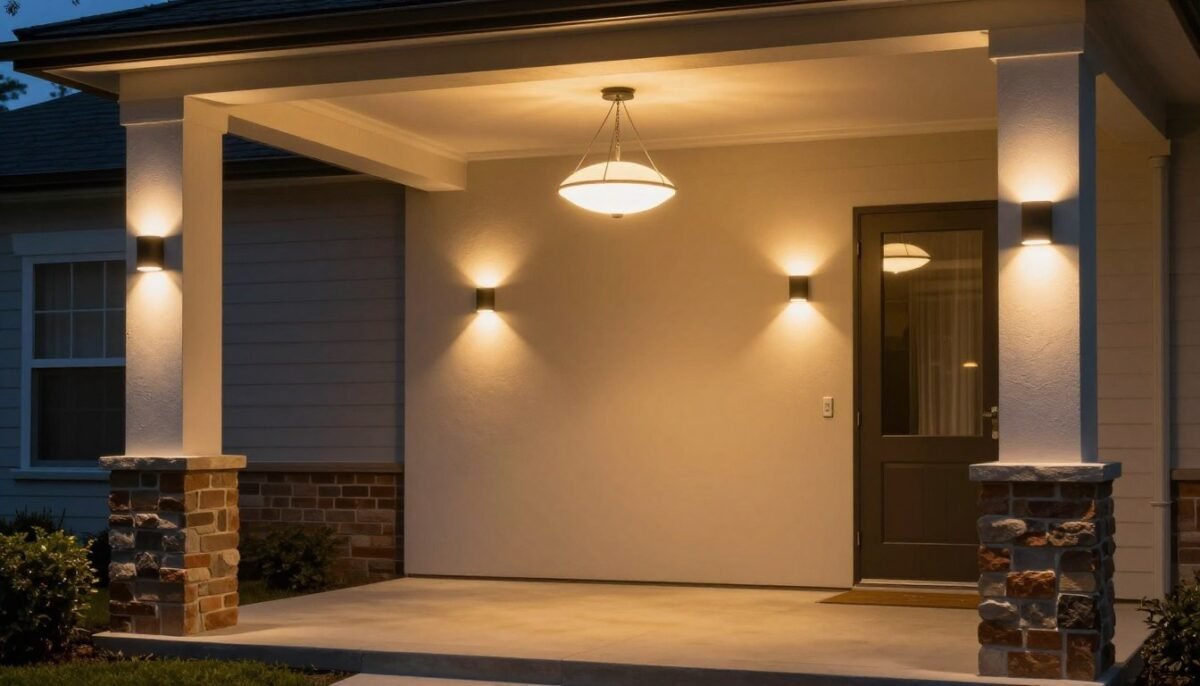 layered lighting design on small porch with overhead fixture and accent lights layered lighting design on small porch with overhead fixture and accent lights