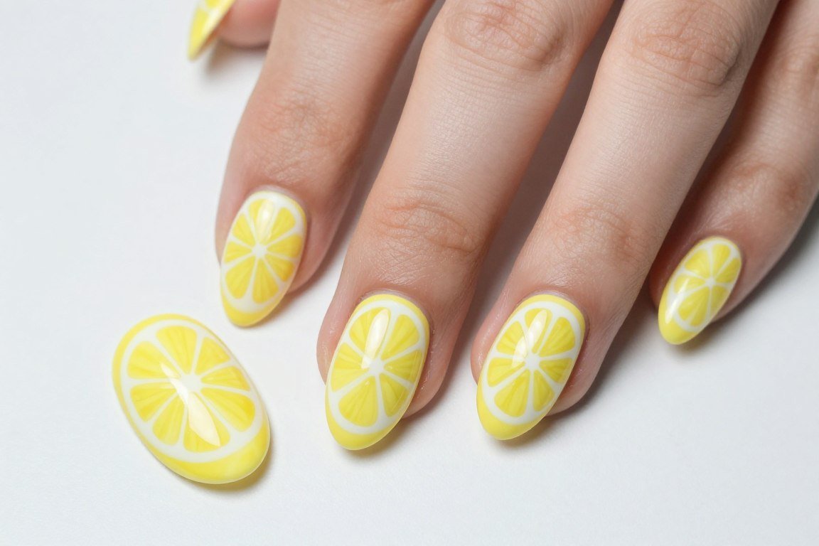 lemon slice nail art design on summer nails
