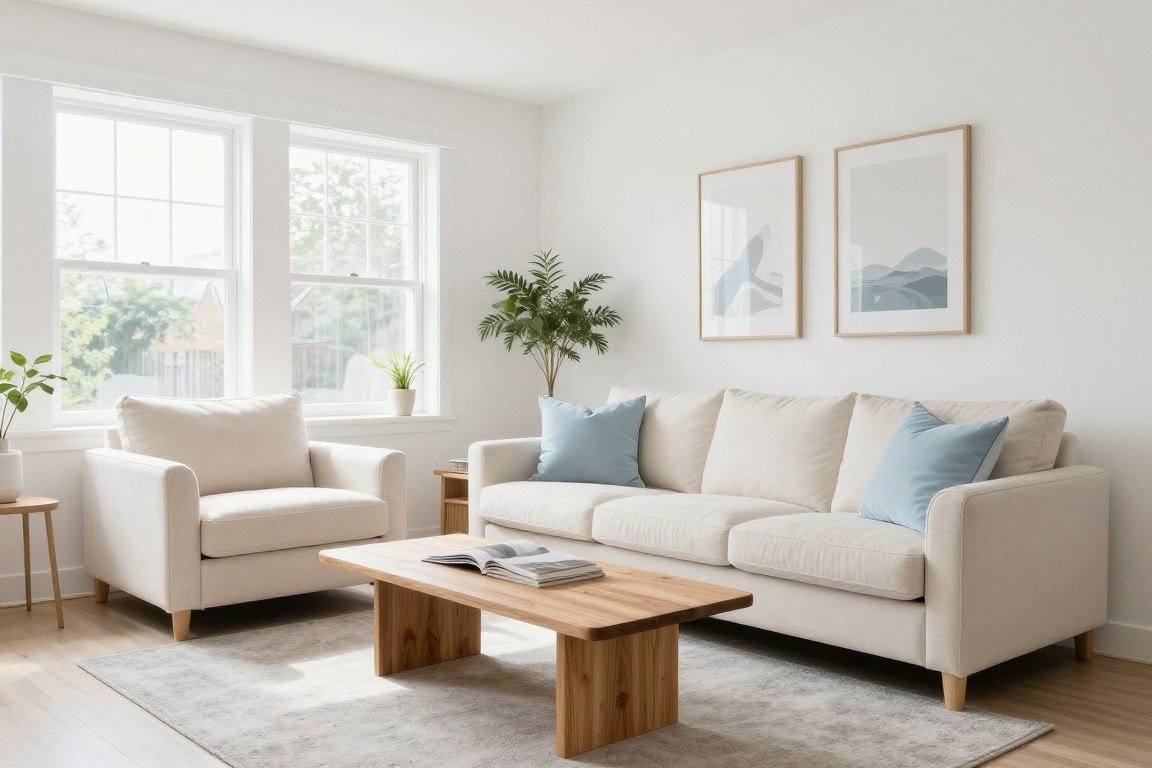 light colored small living room with white walls and cream furniture