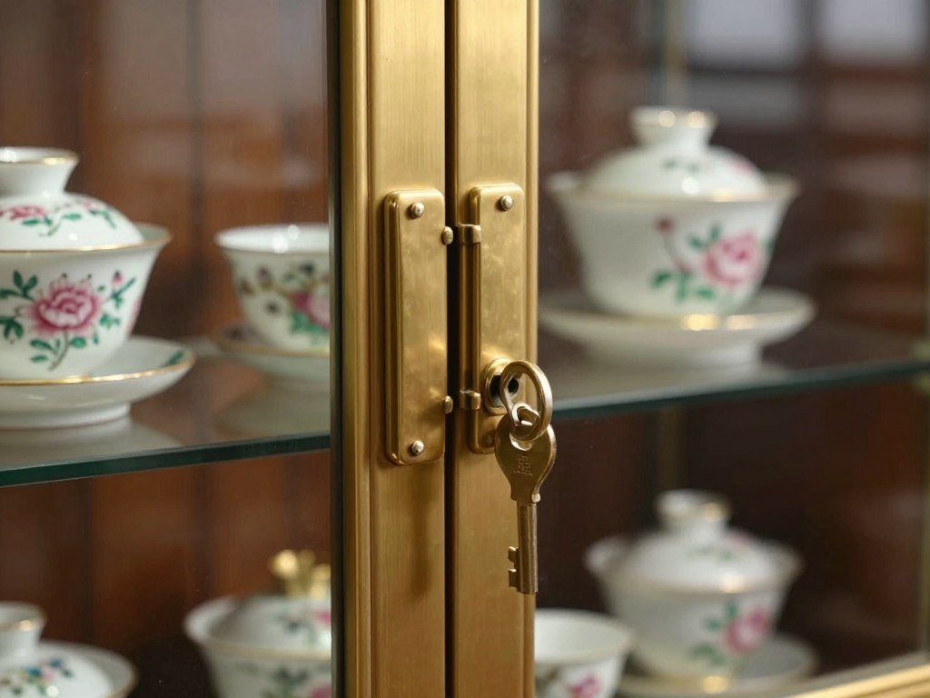 locked cabinet latch securing valuable tea cup display