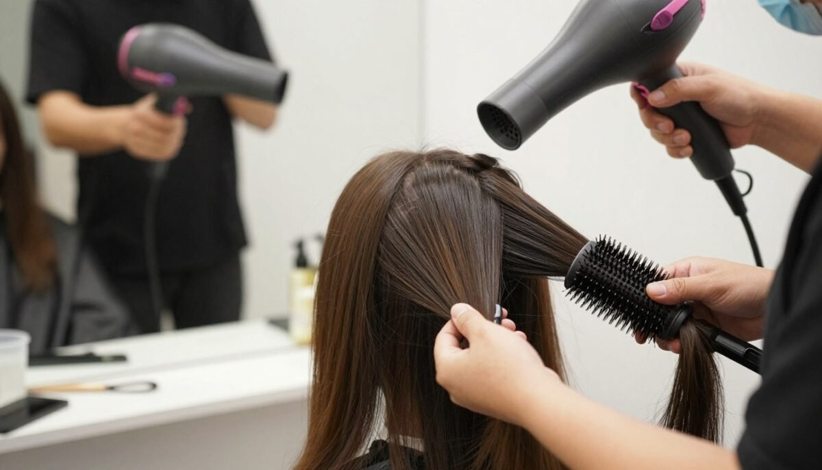 long thin hair being styled with round brush for volumizing blowout