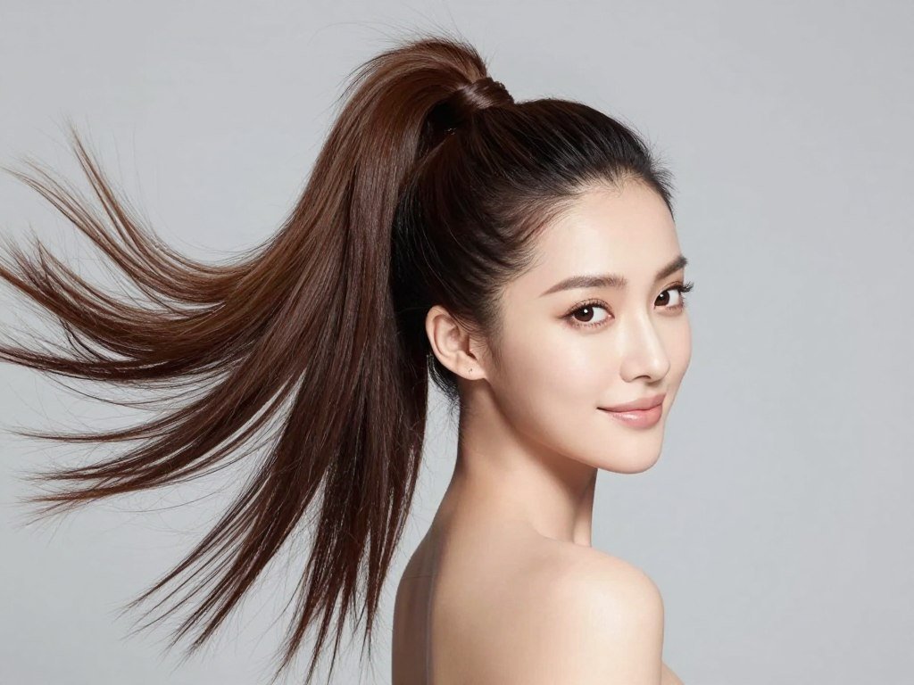 long thin hair styled in high voluminous ponytail