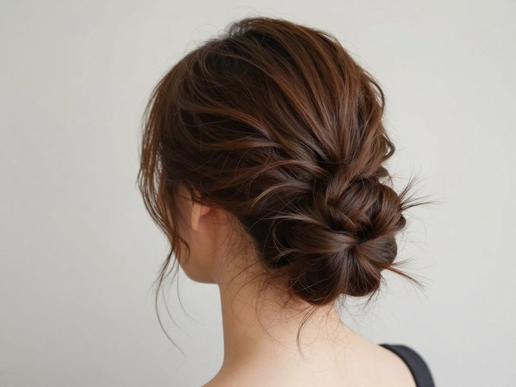long thin hair styled in low messy bun with volume and face-framing pieces