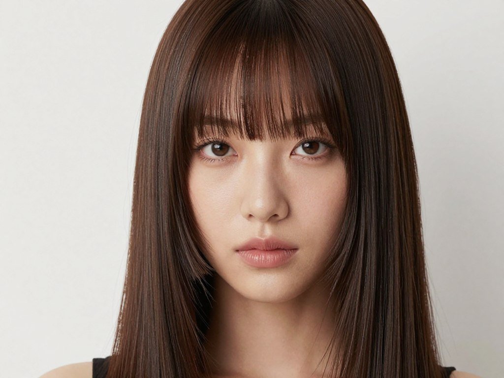 long thin hair styled with curtain bangs
