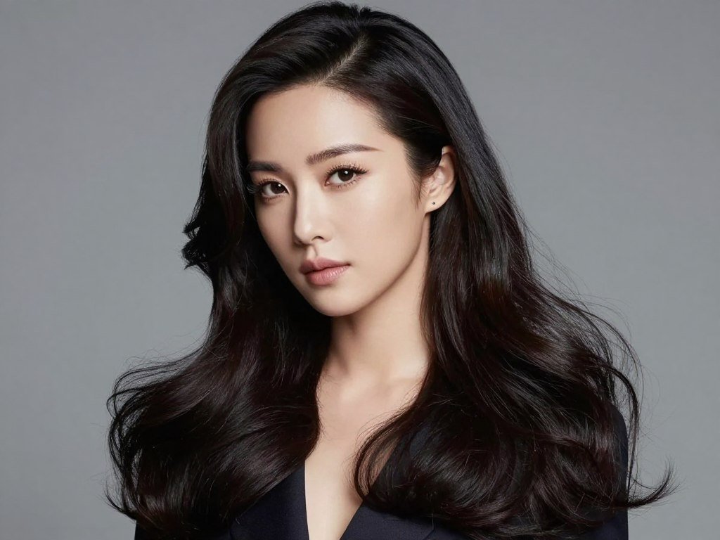 long thin hair styled with deep side part showing volume