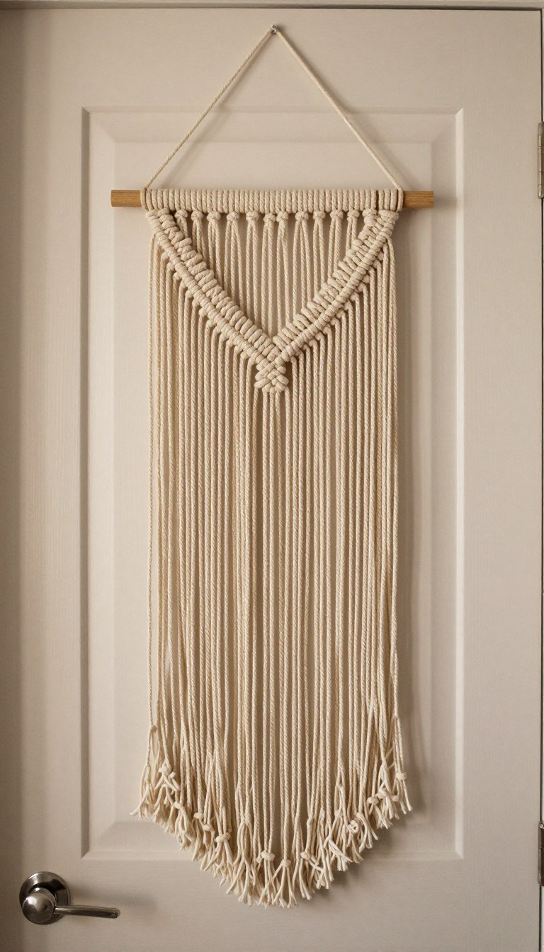 macrame wall hanging on bedroom door with bohemian decor