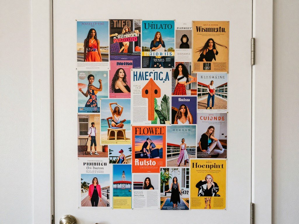 magazine page collage art on bedroom door