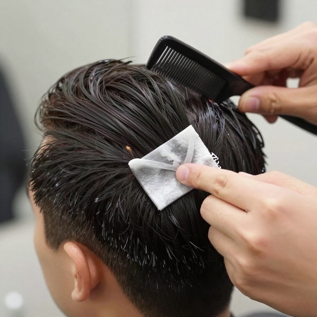 man styling slick back haircut with comb and pomade