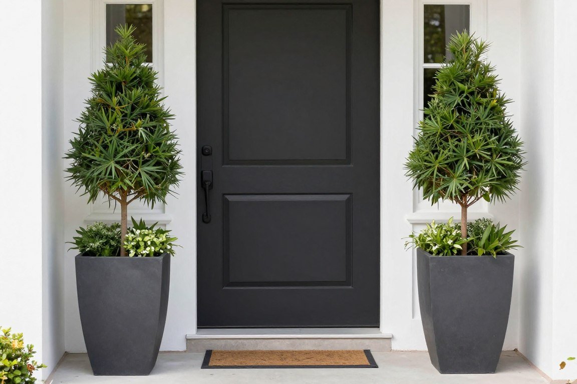 matching planters flanking front door in symmetrical arrangement on small porch