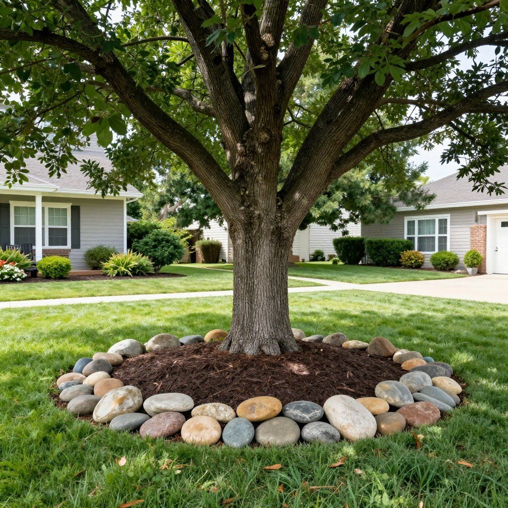 mature tree surrounded by circular river rock ring in front yard instead of mulch