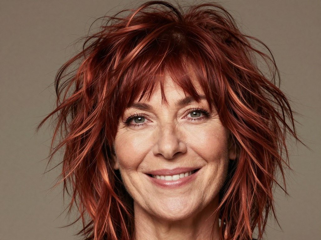 messy auburn shag with side-swept bangs