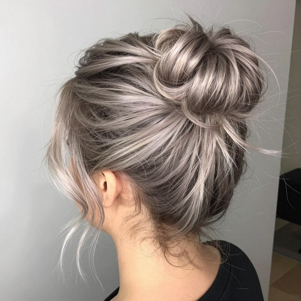 messy bun with ash blonde balayage