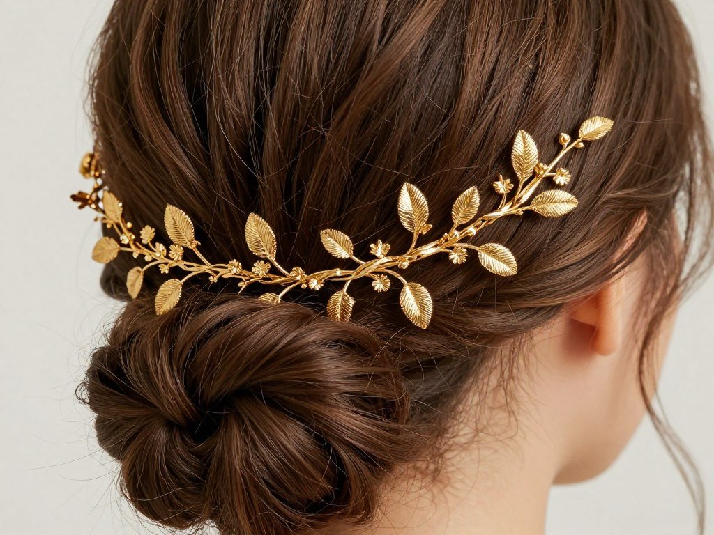 metallic hair vine accessory on formal thin hair updo
