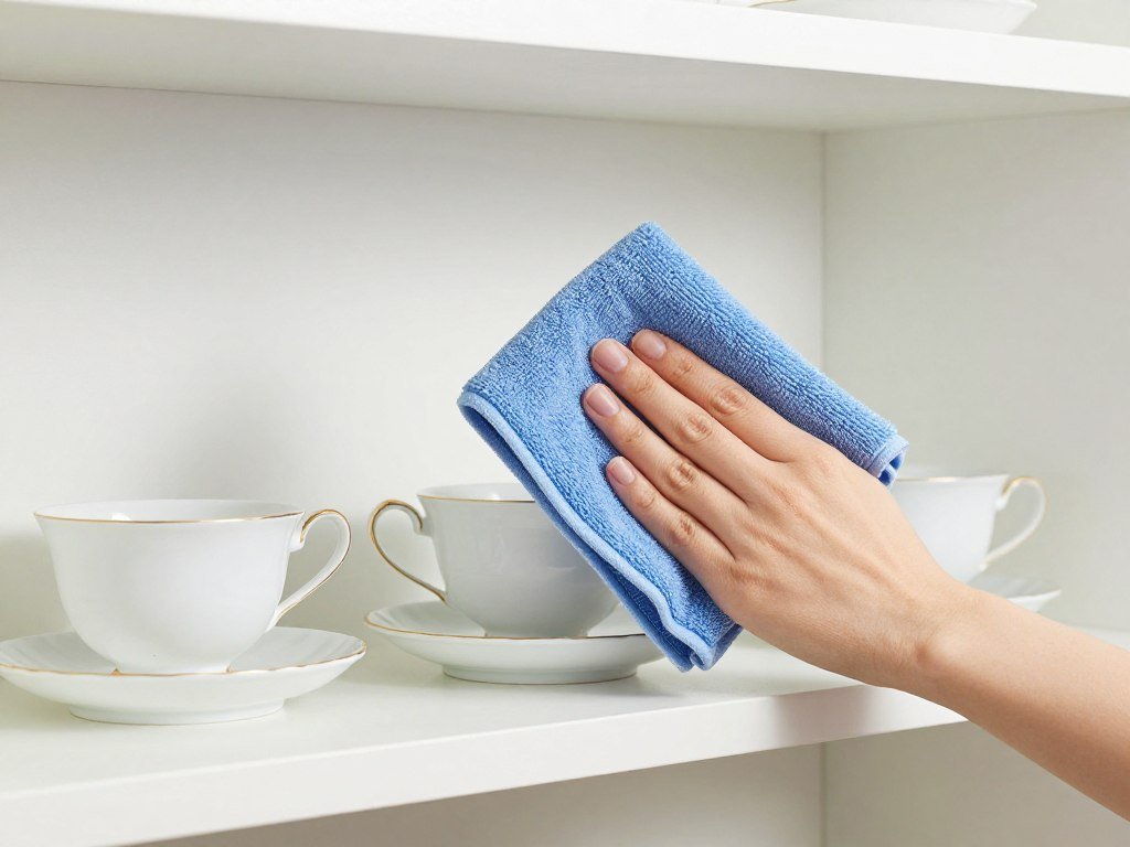 microfiber cloth dusting tea cup collection on shelf