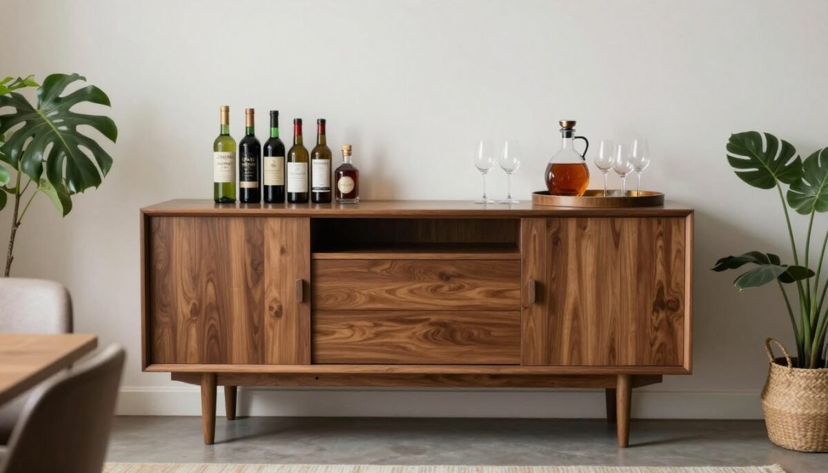 mid-century modern sideboard styled as bar with bottles, glasses, and serving accessories on top