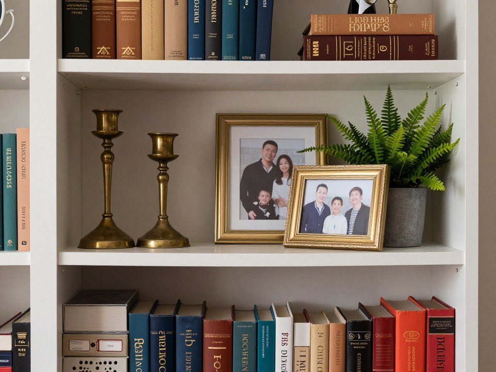 middle zone of bookshelf showing carefully curated eye-level styling
