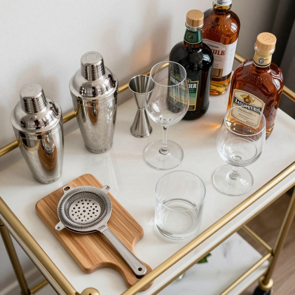 mini bar cart essentials including bar tools and glassware