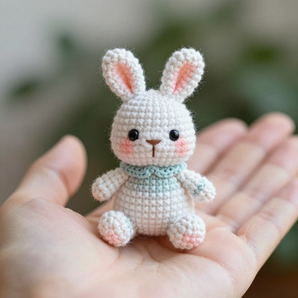 miniature crochet bunny made with thin yarn