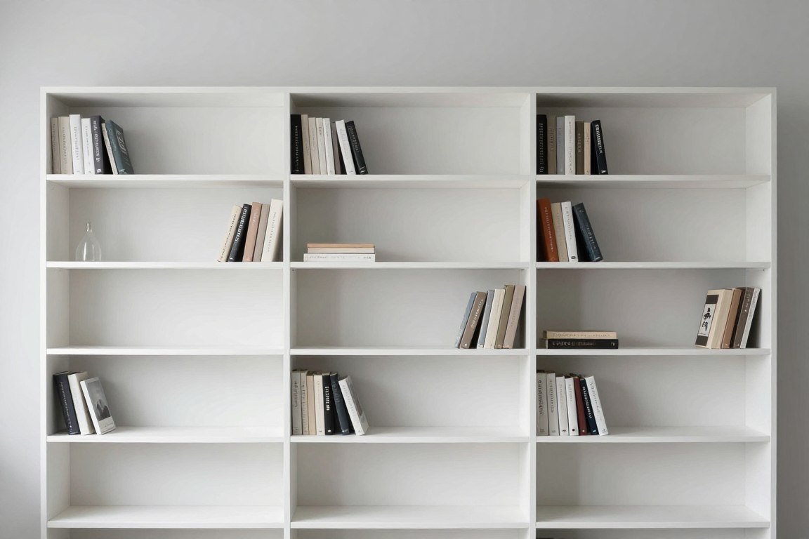 minimalist bookshelf with strategic empty spaces between book groupings