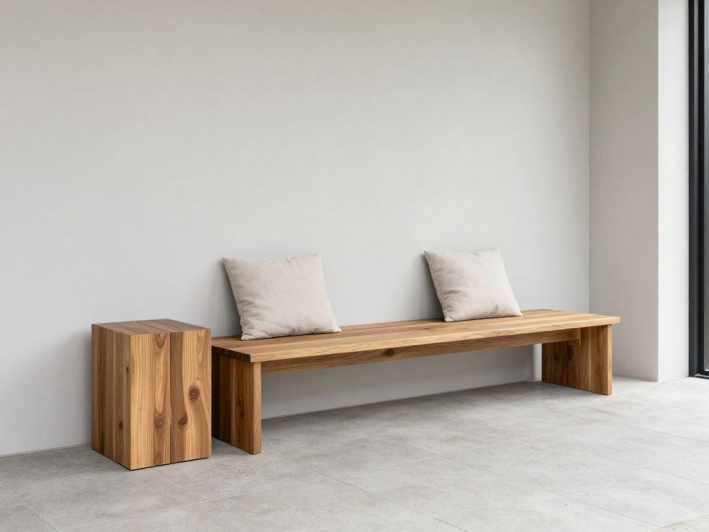 minimalist front porch seating with streamlined bench and small side table