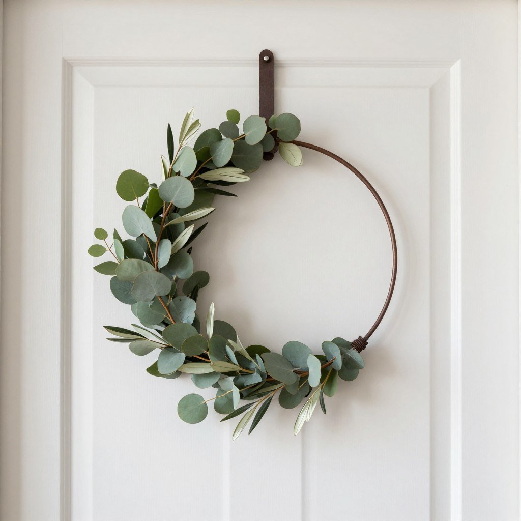 minimalist modern wreath hanging on front door of small porch