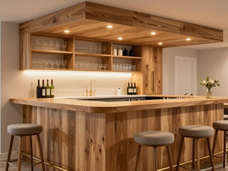 modern basement bar with wooden cabinets and ambient lighting