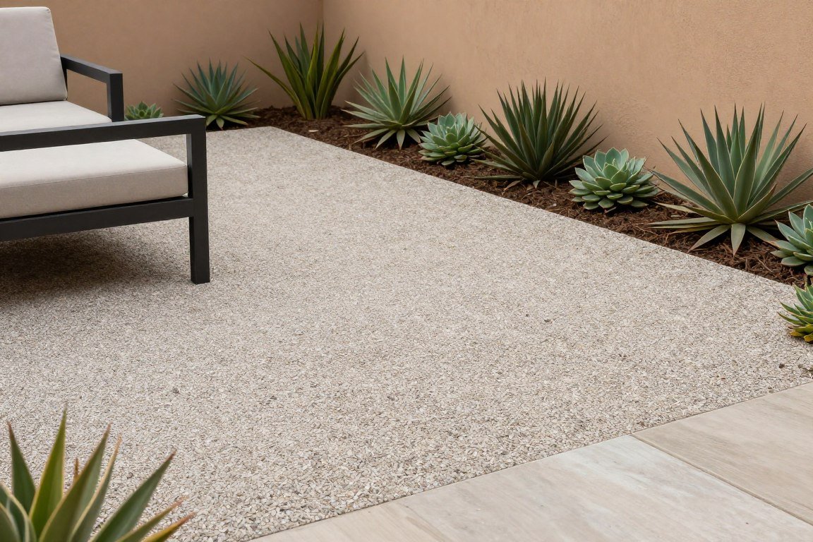 modern crushed stone patio with contemporary outdoor furniture and clean lines