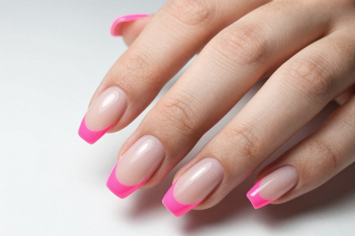 modern french tip nails with neon pink tips on nude base