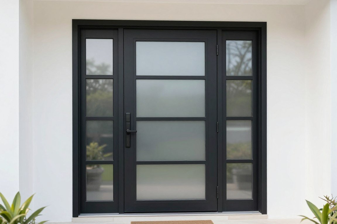 modern front door with glass panels allowing natural light into small porch area