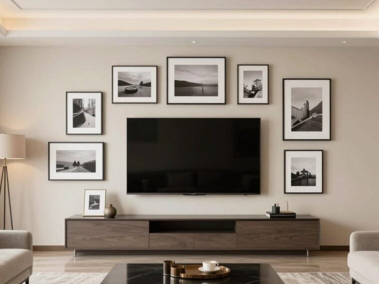 modern living room with TV surrounded by gallery wall frames creating elegant focal point