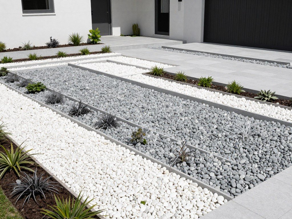 modern minimalist front yard with river rock borders along clean geometric flower beds