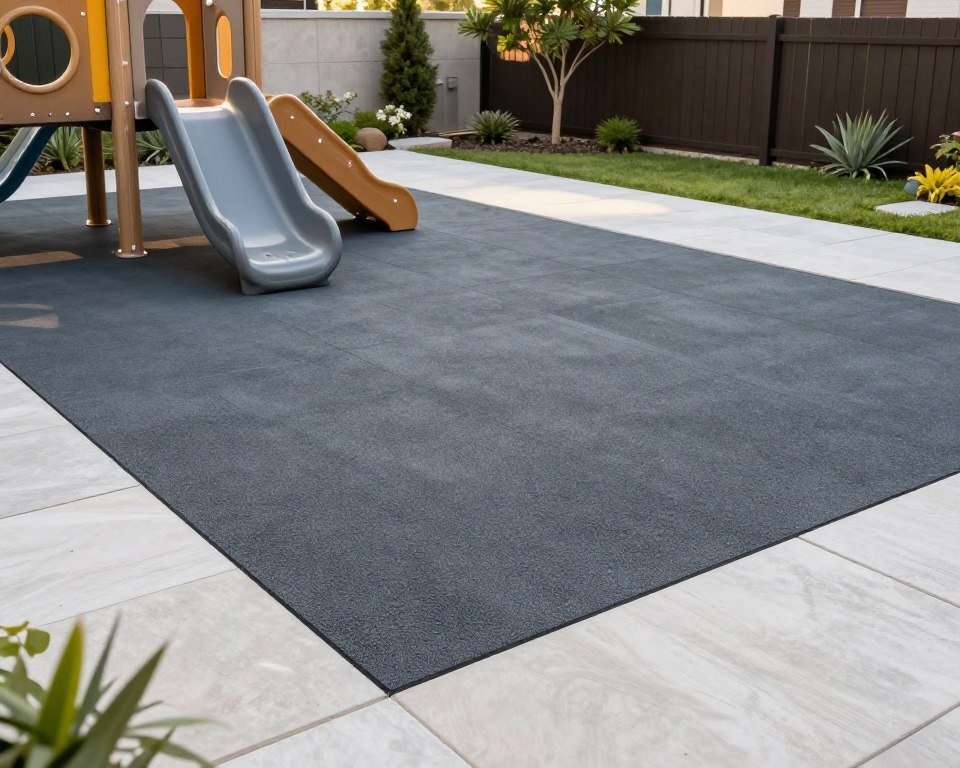modern rubber paver patio in charcoal gray with safe play area