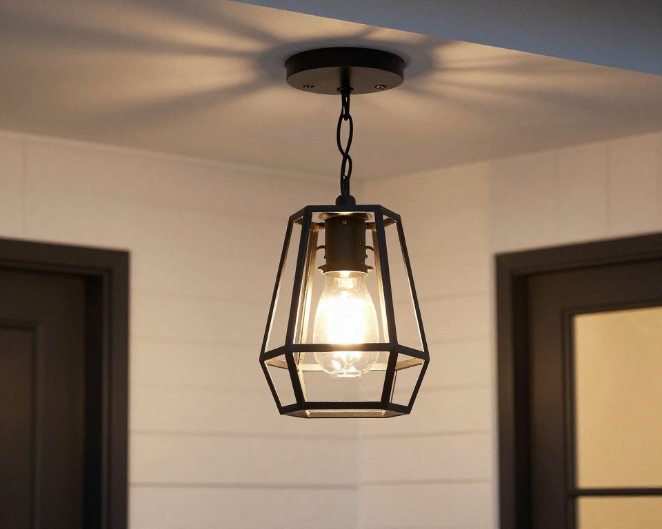 modern statement pendant light fixture hanging on small front porch near door