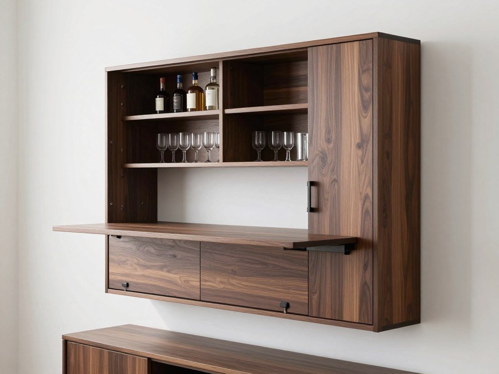 modern wall-mounted bar cabinet with fold-down door serving as table surface