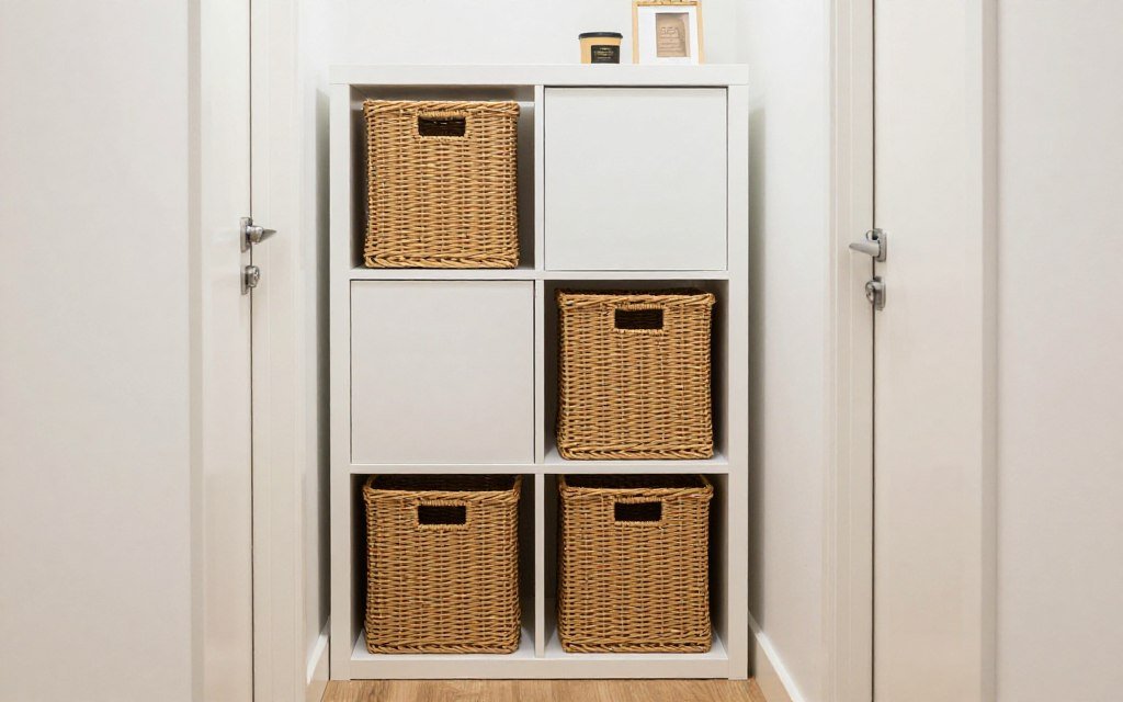 modular storage system creating built-in look in hallway