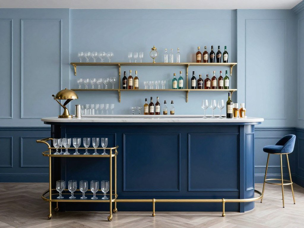 monochromatic bar area in shades of blue with brass accents