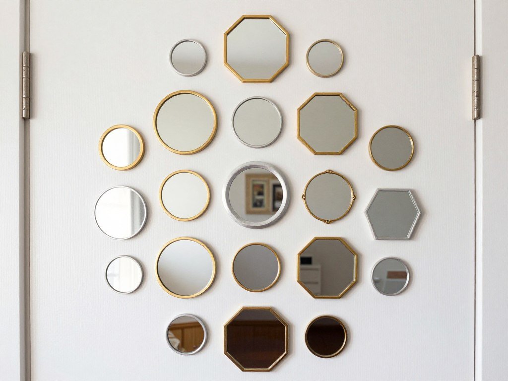 mosaic mirror arrangement on bedroom door with mixed shapes