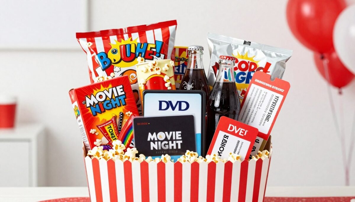 movie night gift basket with popcorn and snacks