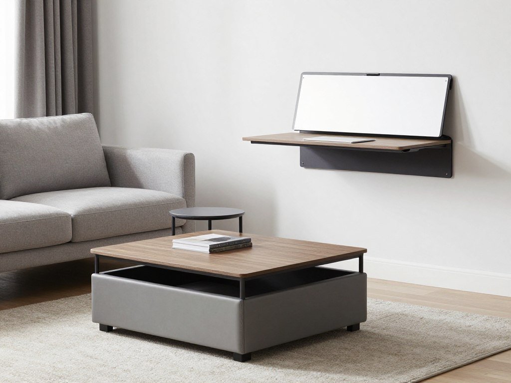 multifunctional furniture in small living room with storage ottoman