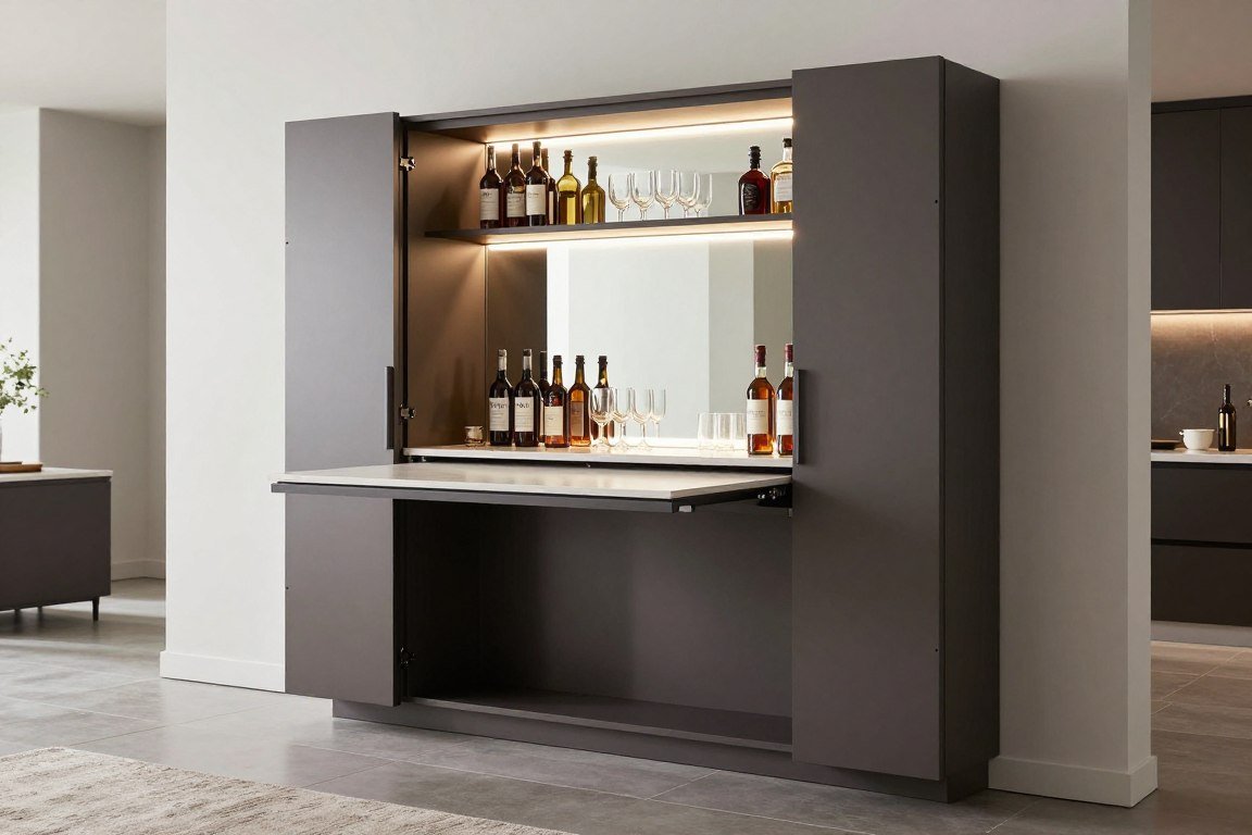 murphy-style fold-out bar cabinet open showing shelves, mirror, and fold-down counter surface