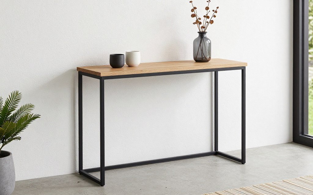 narrow console table against wall on small front porch with decorative items