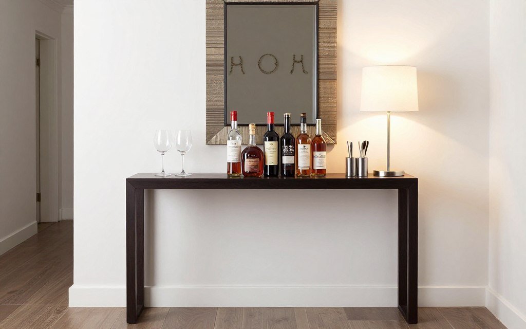 narrow console table styled as mini bar with bottles, glasses, and decor against wall