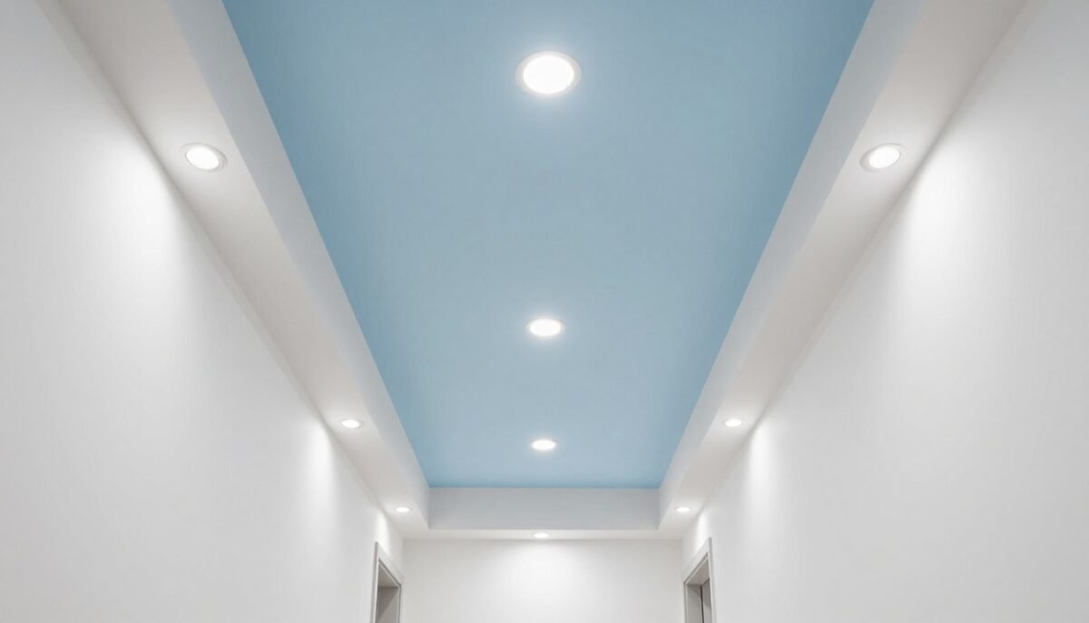 narrow hallway with painted ceiling treatment creating height