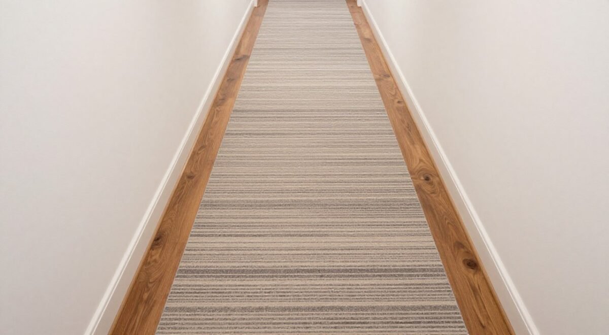 narrow hallway with striped runner rug creating visual flow