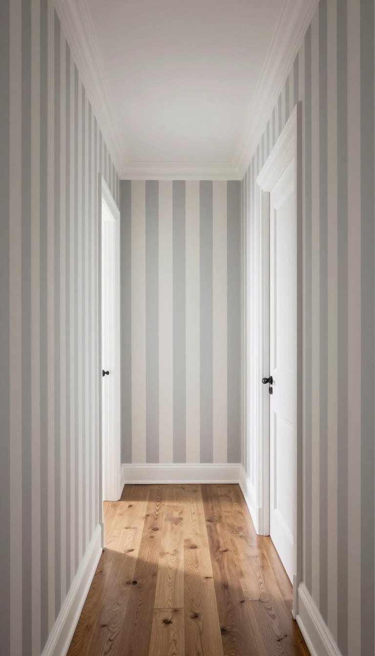 narrow hallway with vertical striped wallpaper creating height illusion