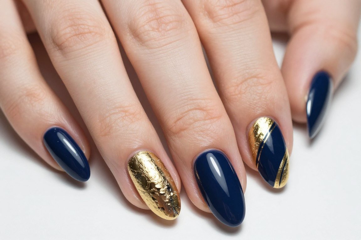 navy blue nails with gold accent details