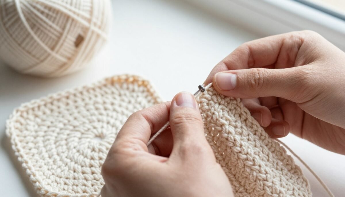 nearly complete crochet coaster showing final rounds being worked