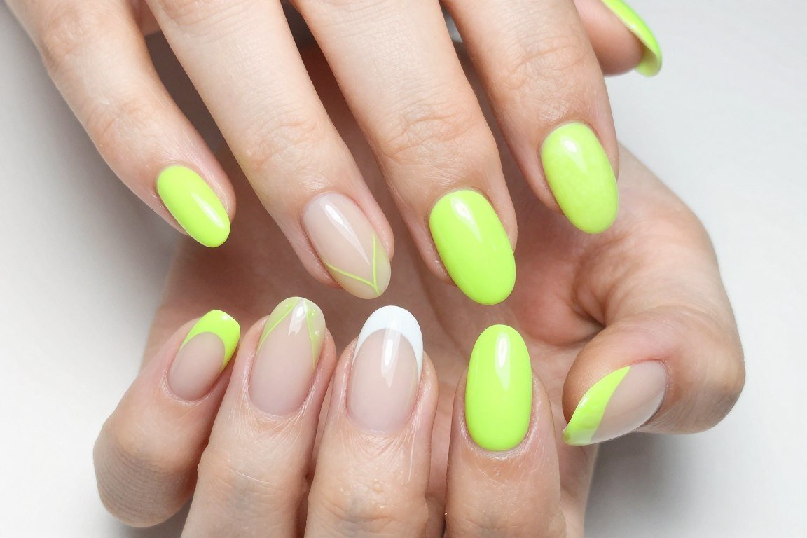 neon green accent nails on neutral base